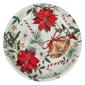 Farfurie metalică decorativă de Crăciun ecru cu clopote și flori