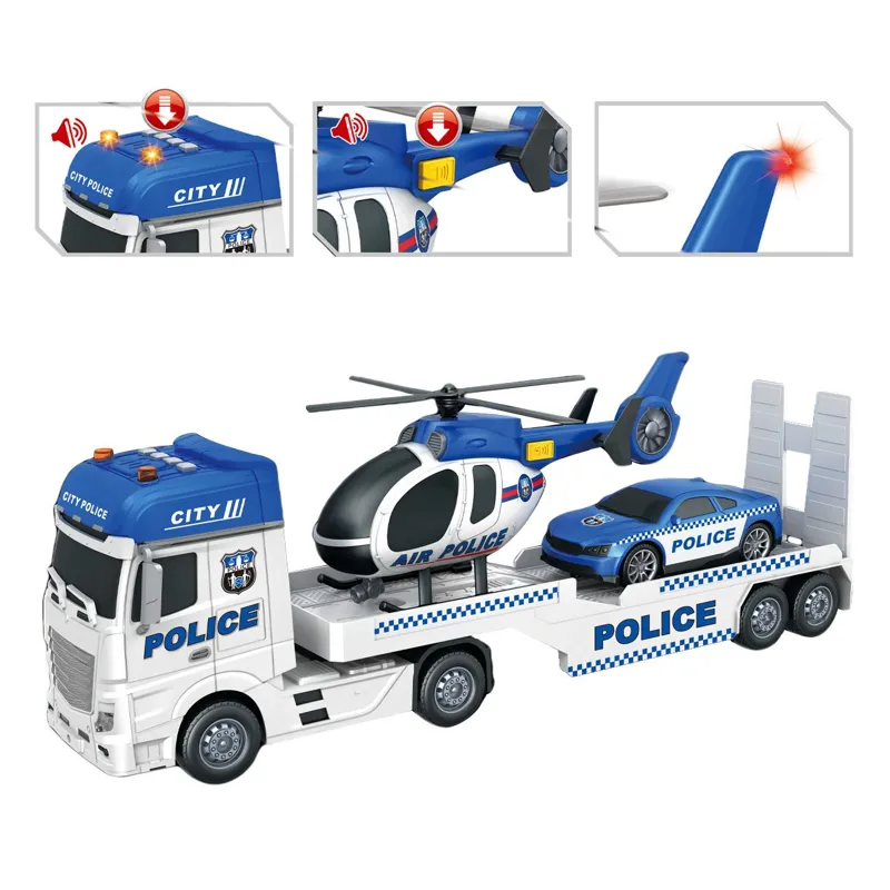 Set Jucarii Camion Poliție Elicopter Mașină Sunete Lumini Rampa