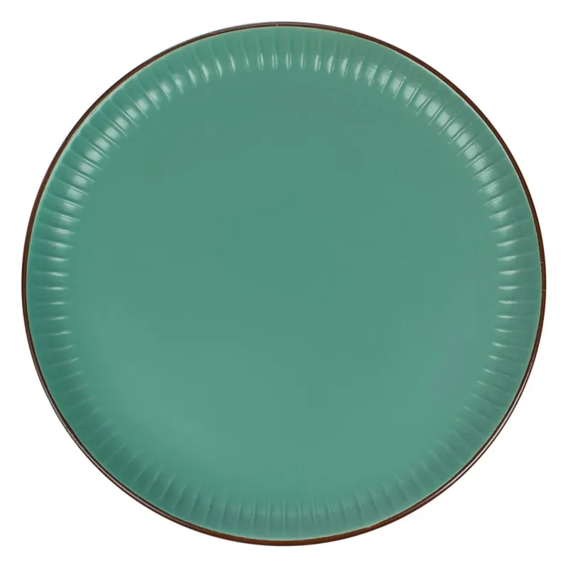 Farfurie Ceramică 22cm cu Dungi Reliefate, Culoare Petrol și Margine Maro