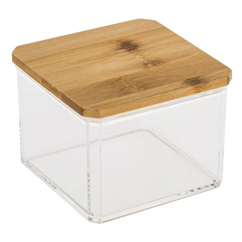 Cutie de depozitare acrilică transparentă cu capac din bambus, 10x10x7.5 cm