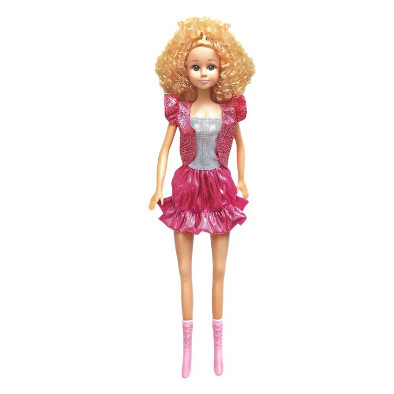 Păpușa manechin înaltă cu rochie roz-argintie și păr blond