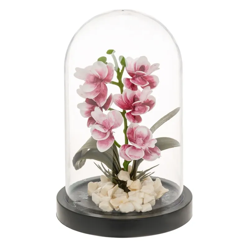 Cupolă decorativă cu floare artificială roz și pietre, 11.5x18 cm