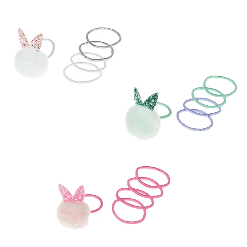 Set 15 Elastice de Par Multicolore cu Lurex Argintiu si 3 cu Pompoane si Urechi pentru Copii