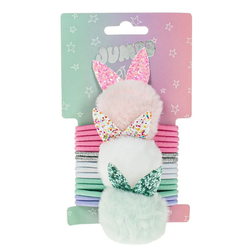 Set 15 elastice de păr multicolore cu lurex argintiu și 3 pompoane cu urechi pen – poza 3