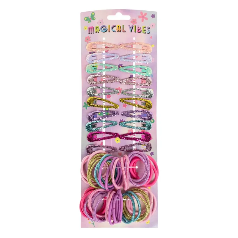 Set Accesorii Par pentru Copii, 20 Clame Metalice cu Glitter 5cm si 40 Elastice Colorate, 60 buc