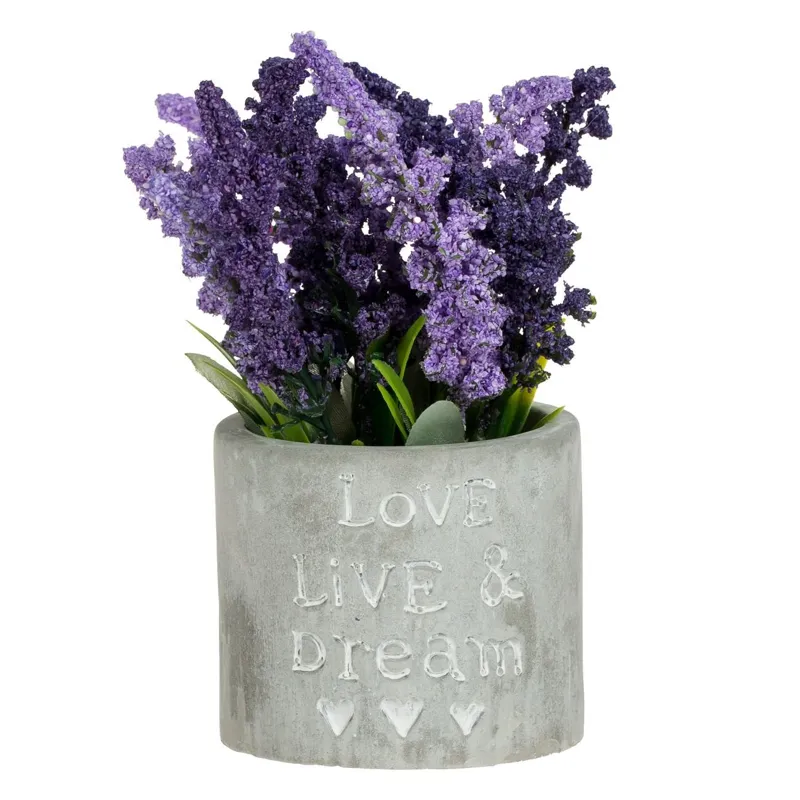 Ghiveci ceramic decorativ gri cu plantă artificială lavandă, Ø8x17cm