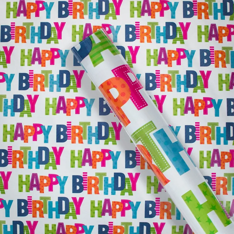 Rolă de hârtie de ambalat albă cu mesaje colorate Happy Birthday 150x70 cm