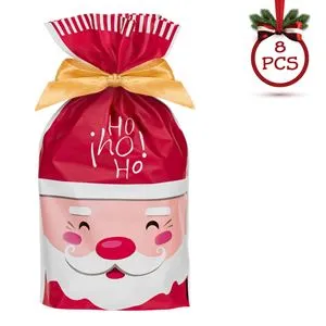 Pungi din Plastic cu Imprimeu Moș Crăciun și Panglică pentru Dulciuri, 15x23cm, 8 buc