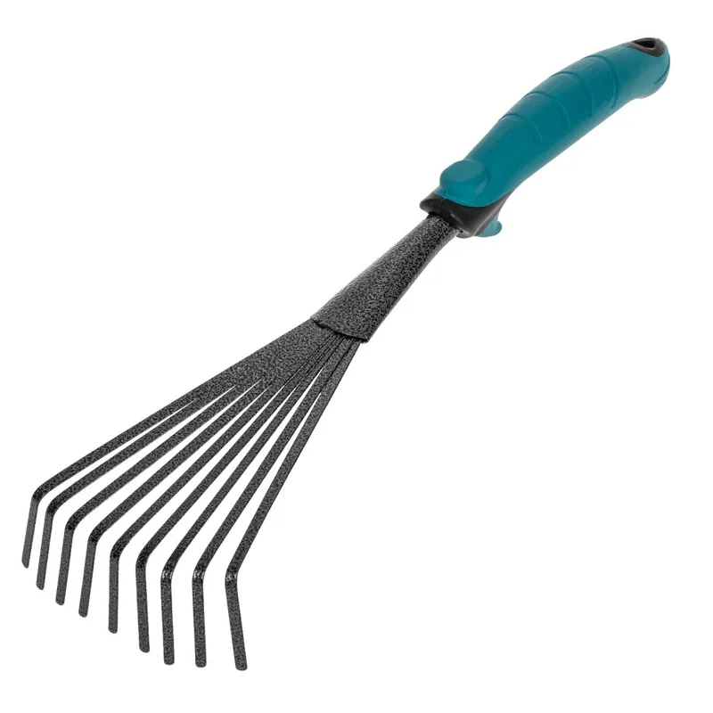 Greblă pentru frunze, Metalică, cu mâner negru-albastru, 38 cm