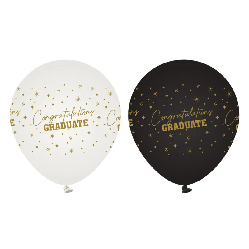 Baloane Latex pentru Absolvire, set 10 buc, Alb/Negru cu Imprimeu Auriu