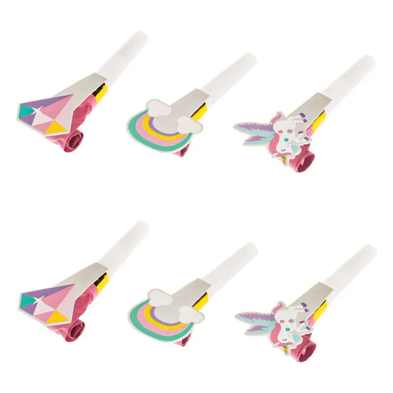 Suflatoare de petrecere cu cartonas, Set 6 buc, Modele Unicorn, Curcubeu si Diamante