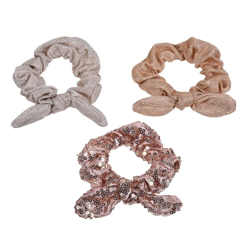 Set 3 Elastice de Păr Textile cu Fundă, Lurex și Paiete, Nude, pentru Copii