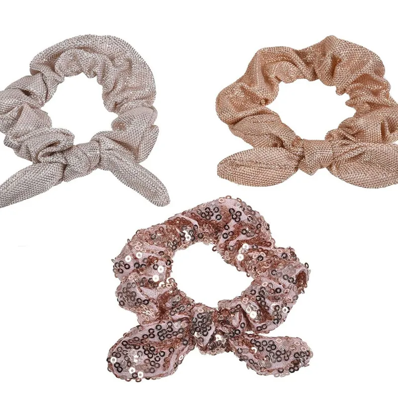 Elastice textile nude cu fundă, lurex și paiete pentru copii - set 3 buc – poza 3