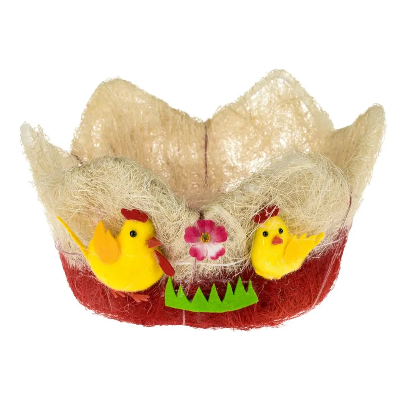 Cos decorativ de Paste din iarba sisal, Bej si Rosu, cu Gainuse si Verdeata, Ø20x10cm