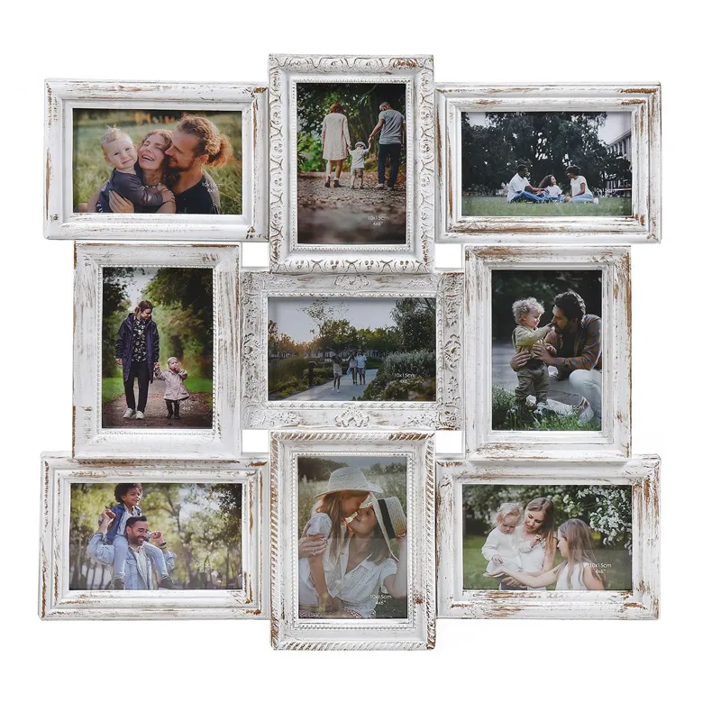 Rama foto din lemn, 9 poze, 51.5x51.5 cm, finisaj periat, alb