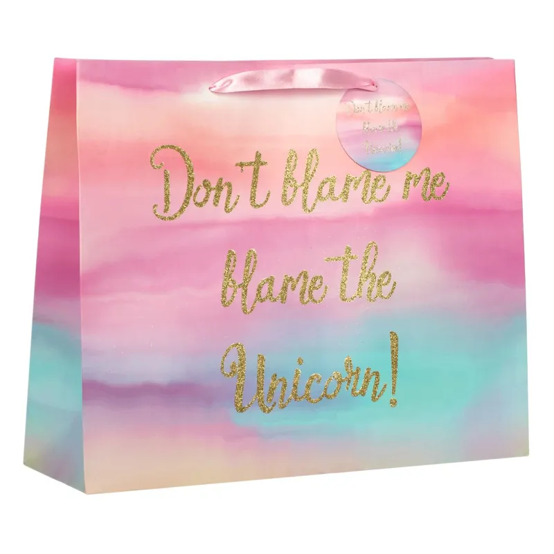 Sacoșă cadou din hârtie, roz, cu imprimeu auriu glitter, 40x11x32cm