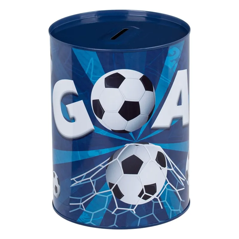 Pusculiță metalică cu model fotbal, albastră, Ø12x16cm