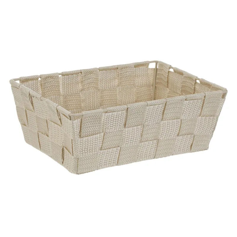Cos de depozitare bej cu model impletit rattan si cadru metalic, 22x16x8 cm