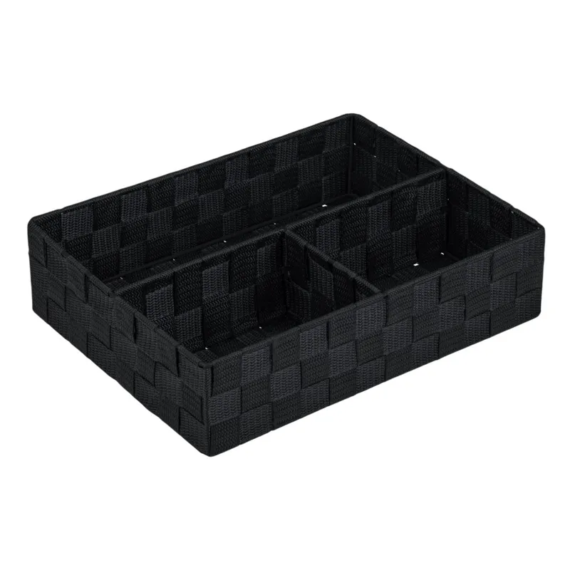 Cos de depozitare din ratan, 3 compartimente, Negru, 32x25x8cm