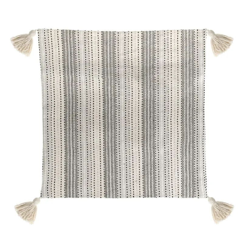 Fată de pernă decorativă din bumbac, cu ciucuri, 43x42 cm, ecru cu dungi gri