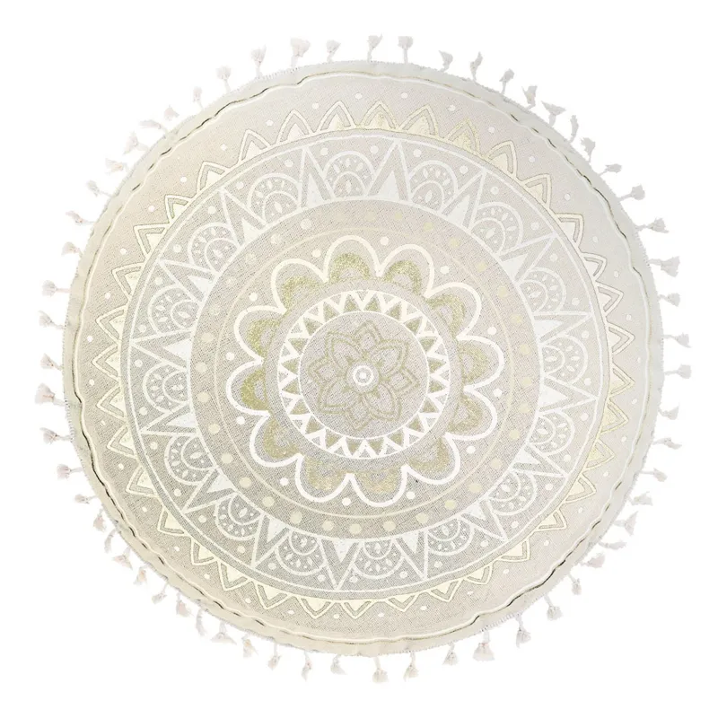 Pernă decorativă rotundă, Bej cu folie aurie, model mandala, franjuri, Ø40cm