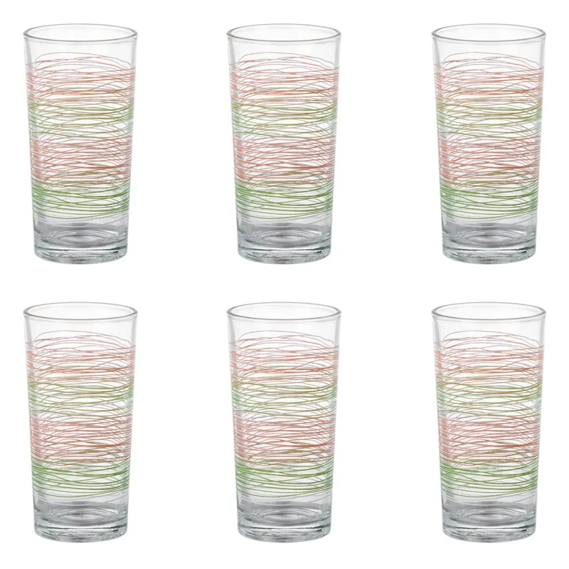 Set 6 Pahare din Sticlă Transparentă, 250ml, Design Triunghiular cu Linii Colorate