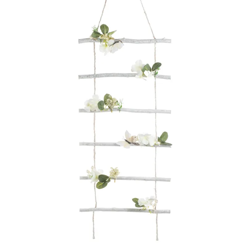 Scară decorativă suspendată din lemn cu flori și fluturi, 57x5x30cm