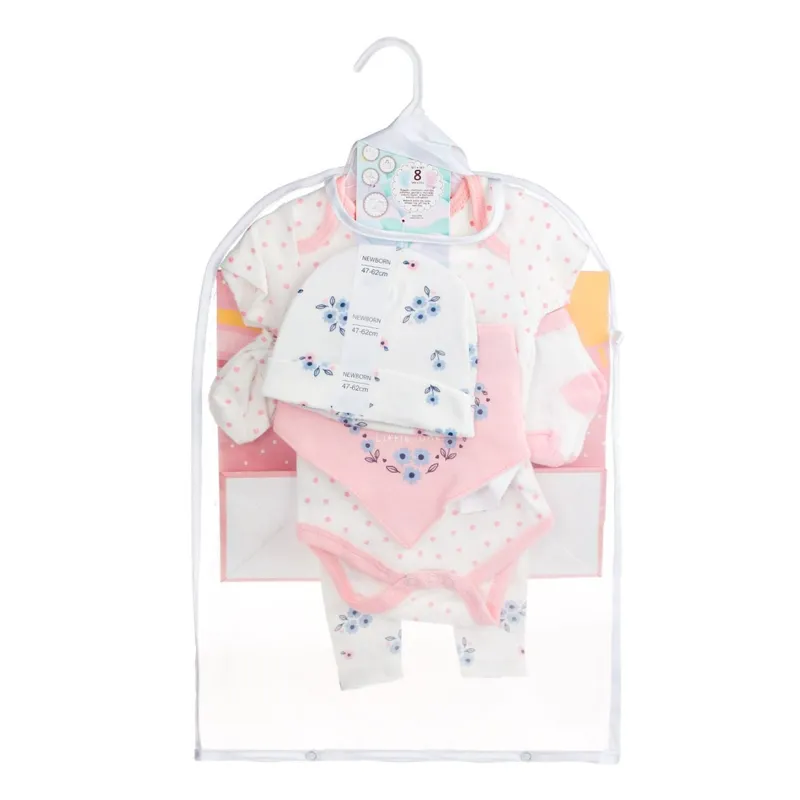Set Cadou Bebelus din Bumbac, 8 piese, Alb cu Buline si Flori