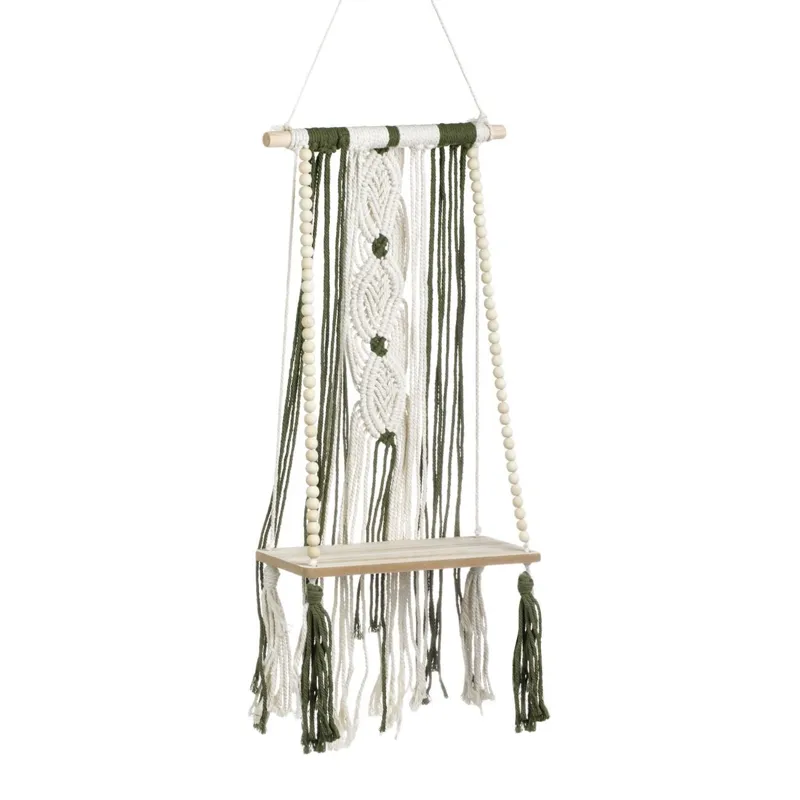 Raft decorativ suspendabil din lemn cu macrame, 25x13x42cm
