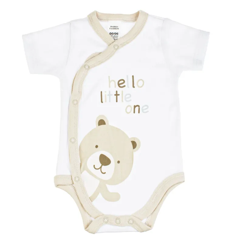 Body din Bumbac Alb Bej Ursulet "Hello little one" & Maneca Scurta pentru Bebelusi