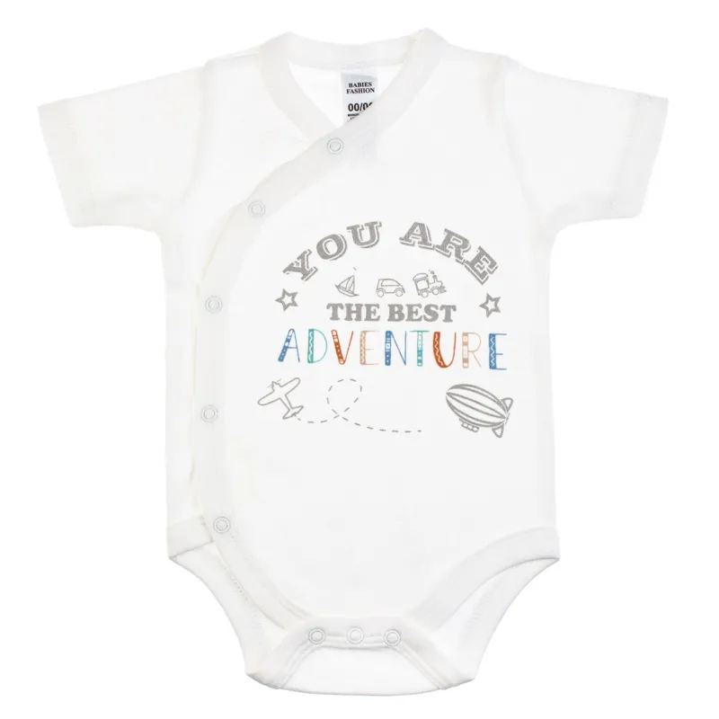 Body din Bumbac cu Maneca Scurta pentru Bebelusi, Alb cu Print