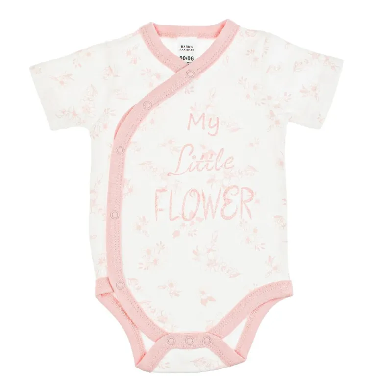 Body din Bumbac cu Maneca Scurta pentru Fetite, 0-6 Luni, Alb cu Flori Roz si Glitter