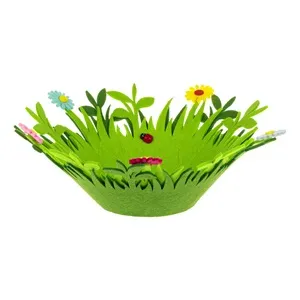 Cos Decorativ de Paste din Pasla Verde Iarba Decorat cu Flori Buburuza Ø26x11cm – poza 4