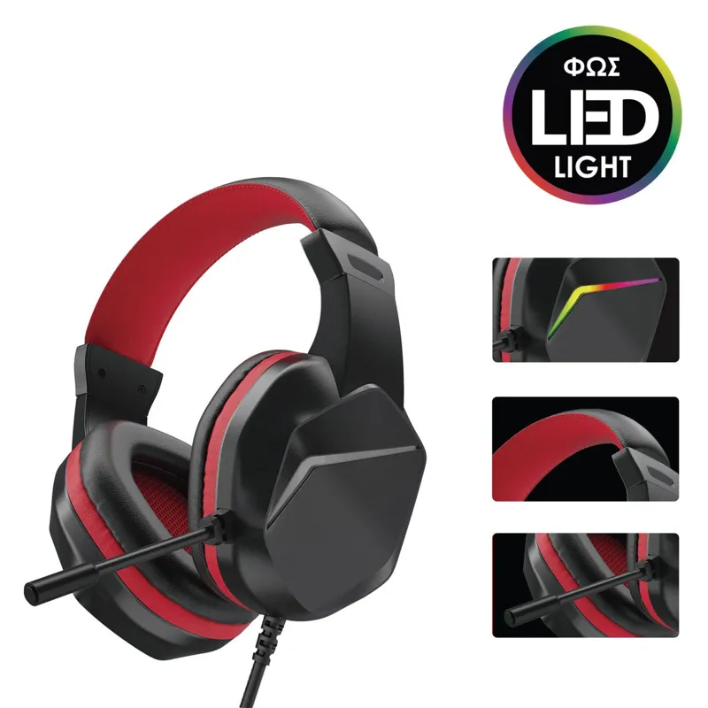 Căști Gaming cu Microfon și Iluminare LED, Negru-Roșu