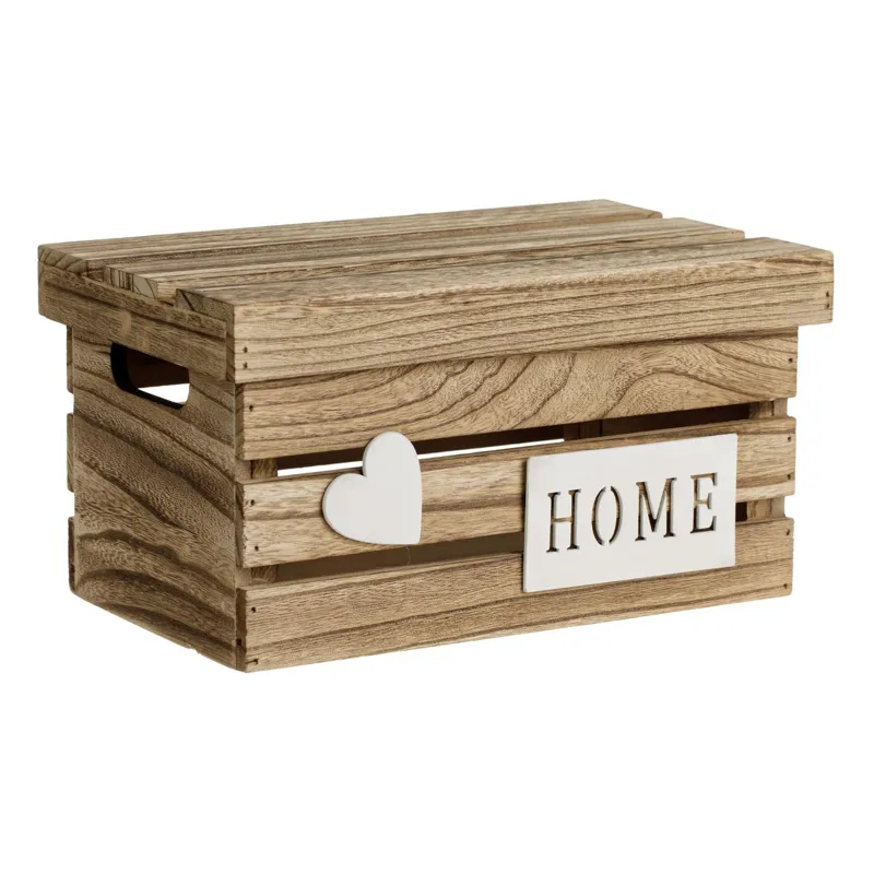 Ladă decorativă din lemn cu design Home și inimă pentru depozitare