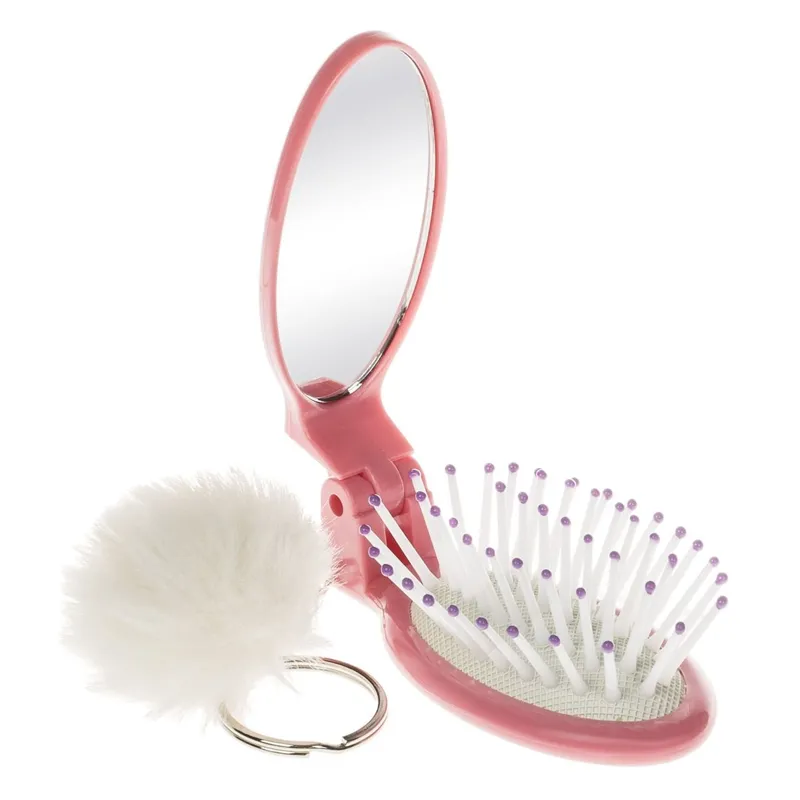 Perie de păr pliabilă cu oglindă și pompon roz, 7.5 cm