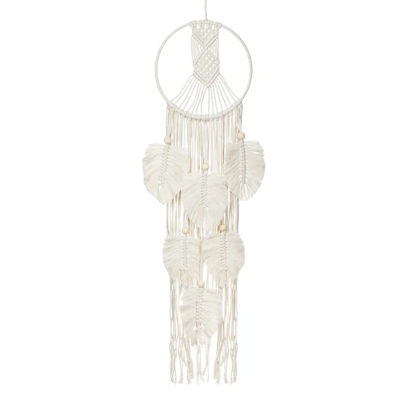 Decoratiune de Perete Macrame Rotundă Bej cu Frunze Tropicale și Margele din Lem
