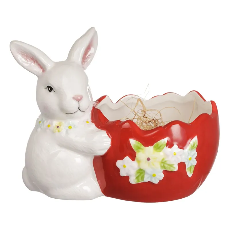 Suport ceramic pentru ouă de Paște, Iepuraș și flori, 17x11x13.5 cm