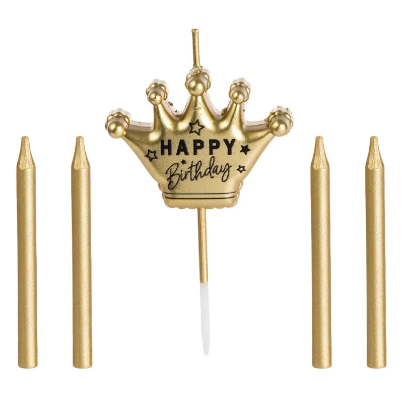 Set Lumanari pentru Tort, Auriu, Coroana Happy Birthday, 5 buc