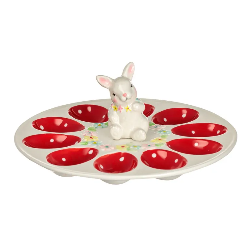 Suport ceramic pentru 10 oua de Paste, cu model iepuras, Ø25x10cm
