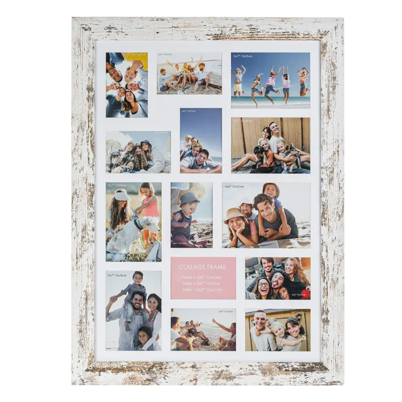 Rama foto decorativa cu paspartu, Lemn MDF, Alb, 14 poze, 59x1.5x79cm