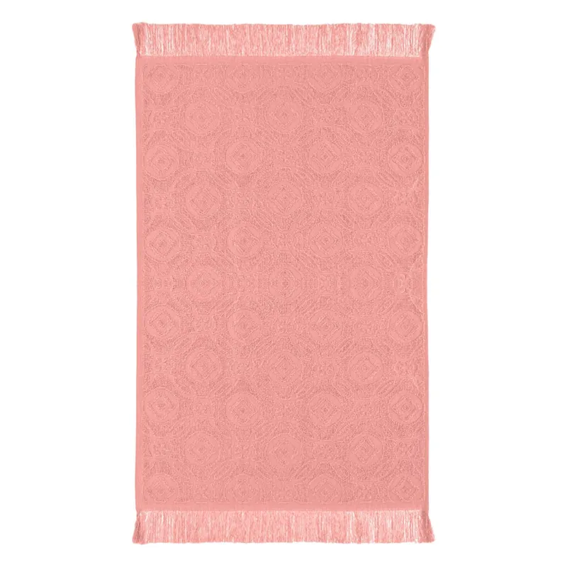 Prosop de bucatarie din bumbac, 60x40cm, corai, cu romburi si flori reliefate, franjuri