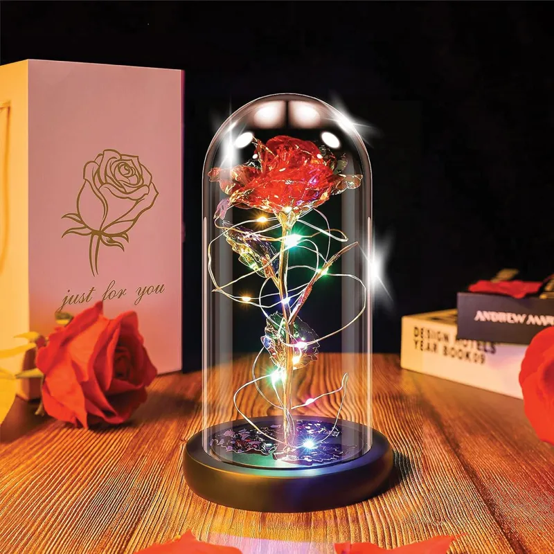 Cupolă decorativă cu trandafir holografic și lumină, Ø8x15cm, roșu, sticlă