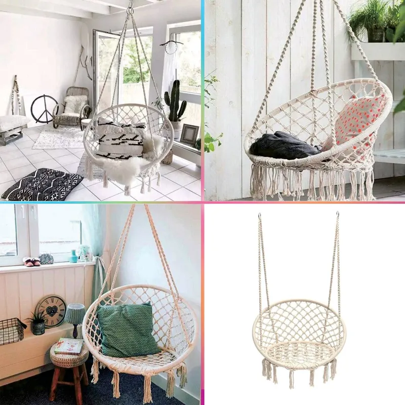 Fotoliu Suspendat Macrame Rotund din Sfoară de Bumbac