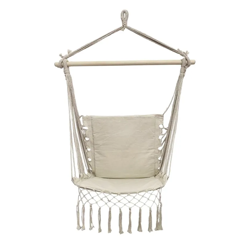 Scaun Suspendat Boho Bej Macrame cu Spatar și Tija de Lemn