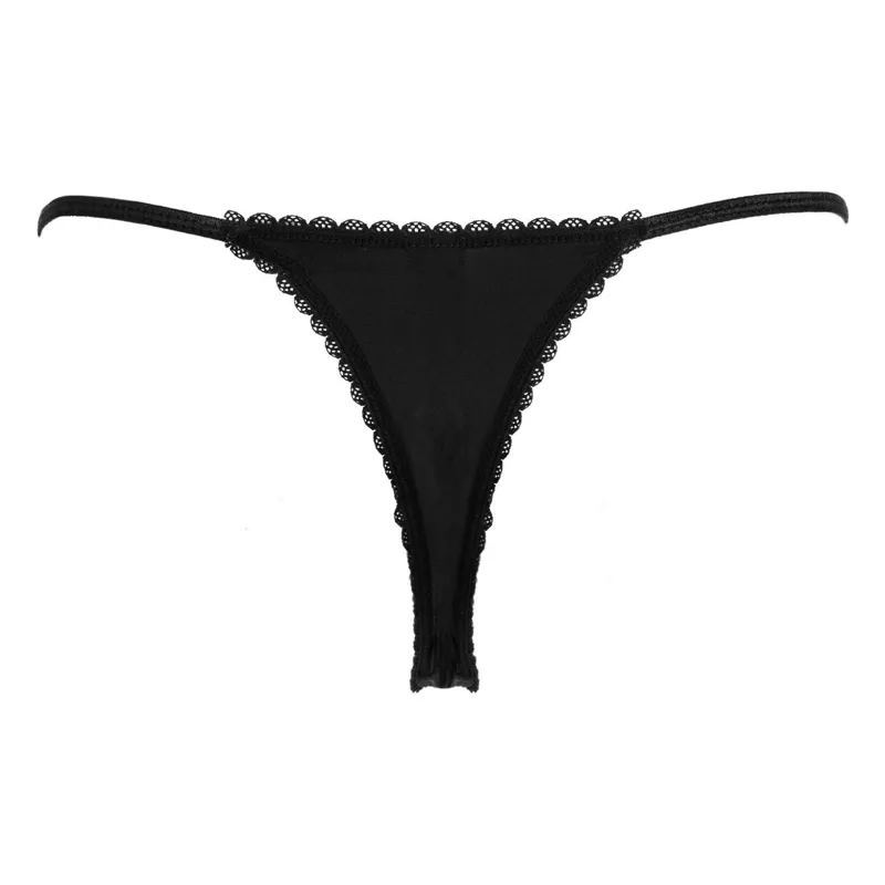Chiloti String Negri Satinati cu Dantela - Mărime Unică – poza 3
