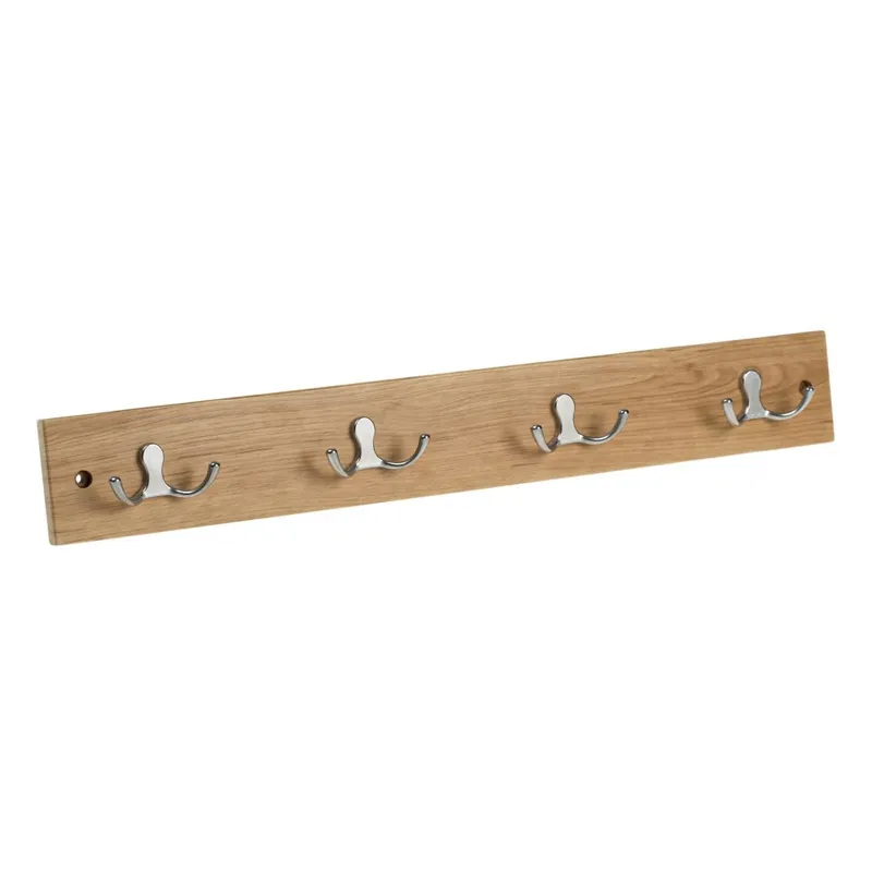 Cuier de perete din lemn cu 4 cârlige duble, 50x1.2x7cm, nuanță stejar natural