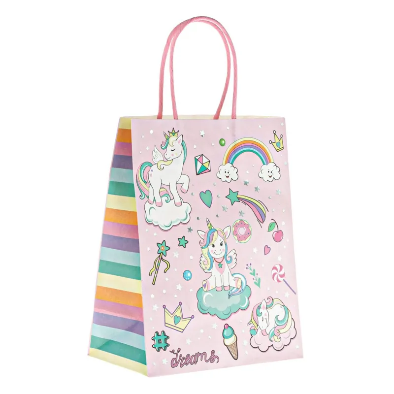 Sacoșă cadou carton kraft roz cu unicorn și curcubeu