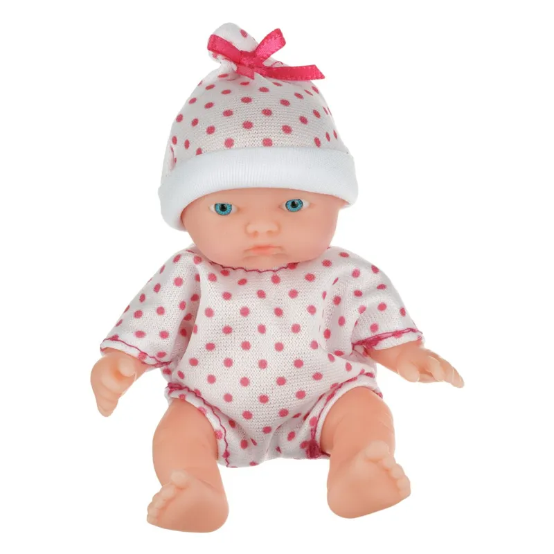 Păpușa bebelușă body alb cu buline roz și căciuliță 12cm pentru joacă