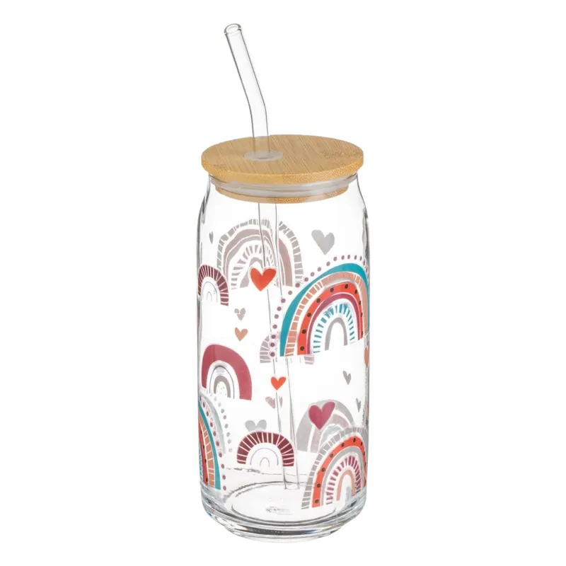 Pahar din sticlă cu capac de bambus și pai din sticlă 600 ml